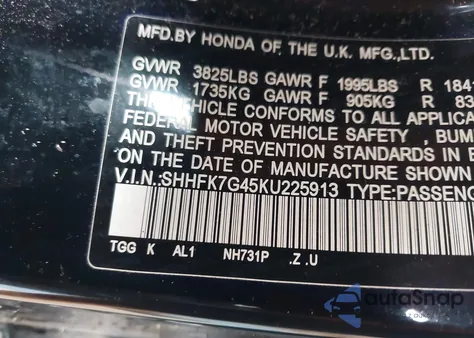 2019 Honda Civic Sport from USA, damaged, VIN SHHFK7G45KU225913